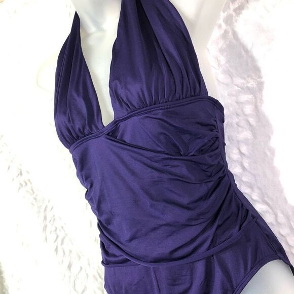 Gap halter swimsuit one piece wrap ruched low cut medium EUC purple - Picture 6 of 12